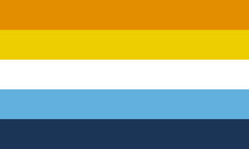 flag with 5 stripes, the colors from the top go vibrant orange, golden yellow, white, a light blue, and finally a darker blue